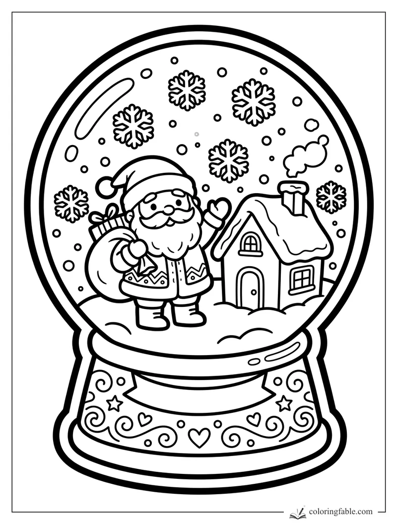 Easy Santa snow globe coloring page with gift sack, snowy cottage, snowflakes, hearts, and swirls.