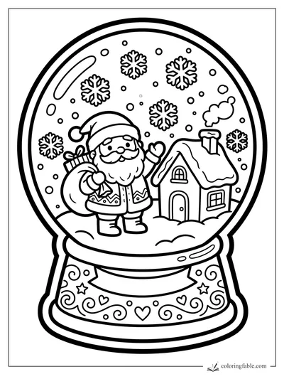 Easy Santa snow globe coloring page with gift sack, snowy cottage, snowflakes, hearts, and swirls.