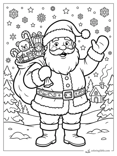 Cartoon Santa waving beside a sack of toys in snowy Christmas village scene