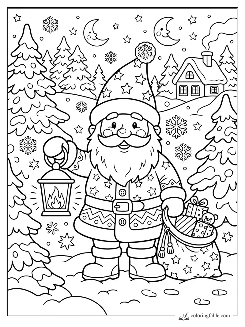 Cartoon Santa holding a lantern and gift sack among snowy pine trees, stars, moons, and snowflakes.