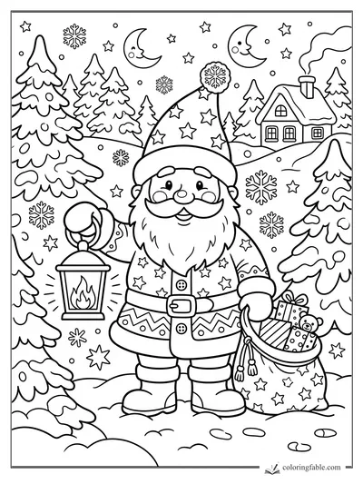 Cartoon Santa holding a lantern and gift sack among snowy pine trees, stars, moons, and snowflakes.