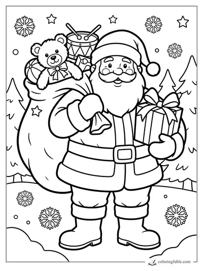 Bold Santa holding a wrapped gift beside a toy-filled sack with teddy bear, drum, snowflakes, stars, and pine trees.