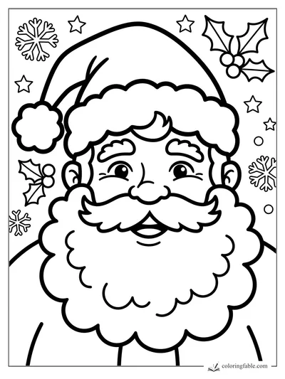 Bold easy Santa face with fluffy hat, big beard, holly leaves, stars, and snowflakes