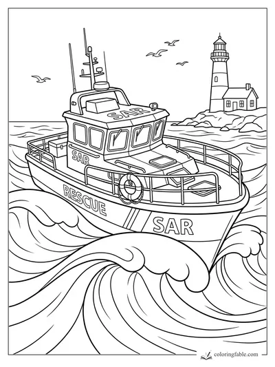 SAR rescue boat cutting through large waves near a lighthouse with seagulls overhead