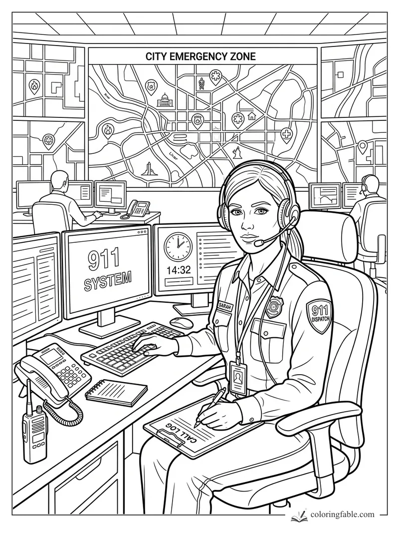 911 dispatcher Sarah at a console with headset, call log, phones, and a city emergency zone map