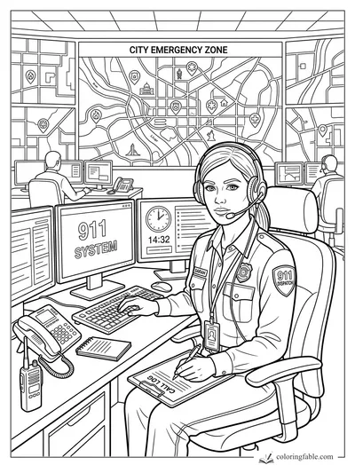 911 dispatcher Sarah at a console with headset, call log, phones, and a city emergency zone map