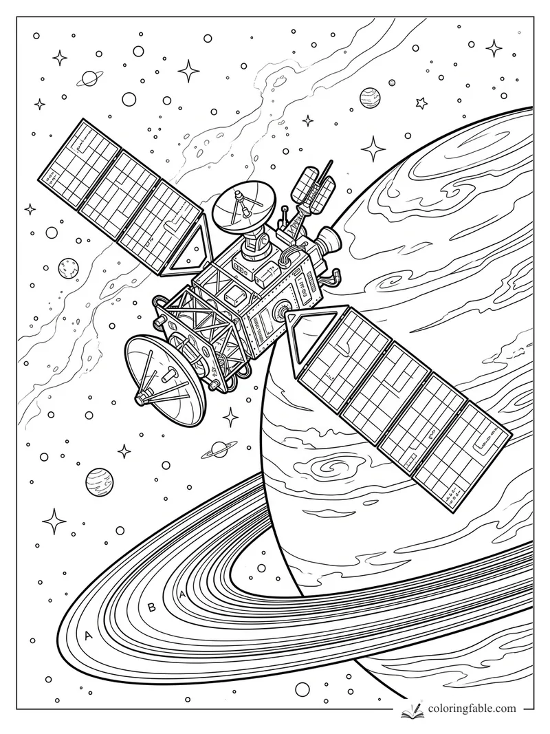 Realistic satellite with solar panels orbiting a huge ringed planet among stars and small planets