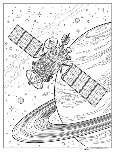 Realistic satellite with solar panels orbiting a huge ringed planet among stars and small planets