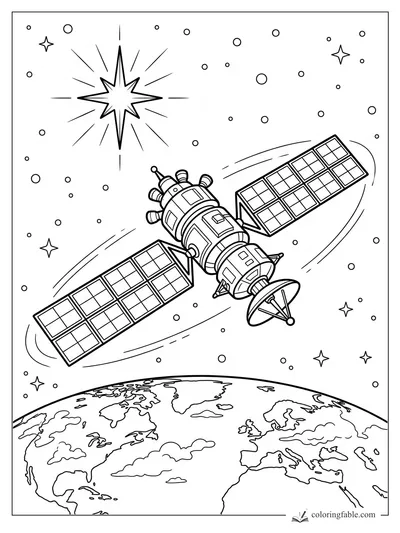 Coloring page of a satellite with solar panels orbiting Earth beneath a bright starry sky