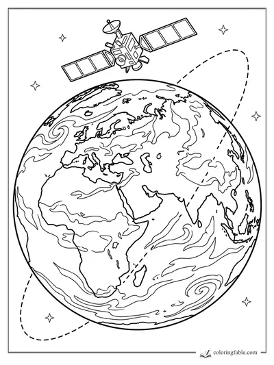 Realistic Earth coloring page with satellite, orbit path, Europe, Asia, Africa, clouds, and stars