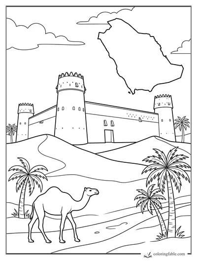 Saudi Arabia outline above a desert fort with a camel, palm trees, dunes, and clouds