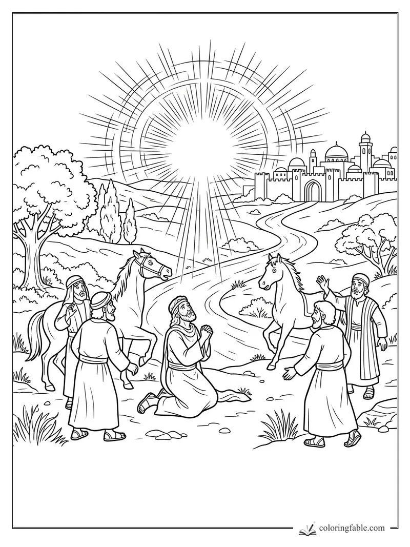 Saul kneeling under a bright heavenly light on the road to Damascus with horses and startled travelers