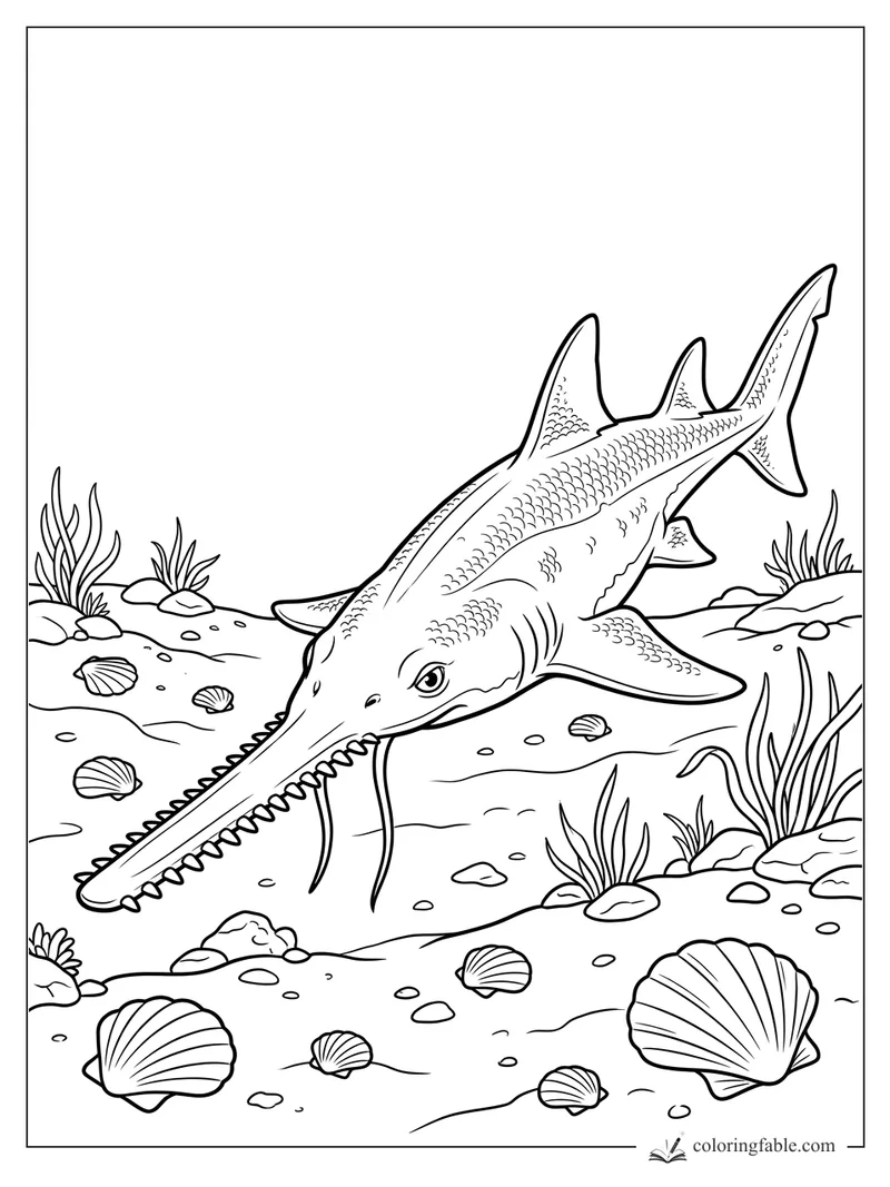 Realistic sawshark with a toothed snout swimming above shells, rocks, and sea grass on the ocean floor.