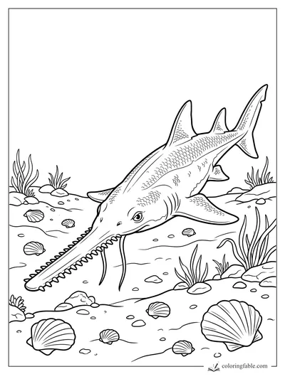 Realistic sawshark with a toothed snout swimming above shells, rocks, and sea grass on the ocean floor.