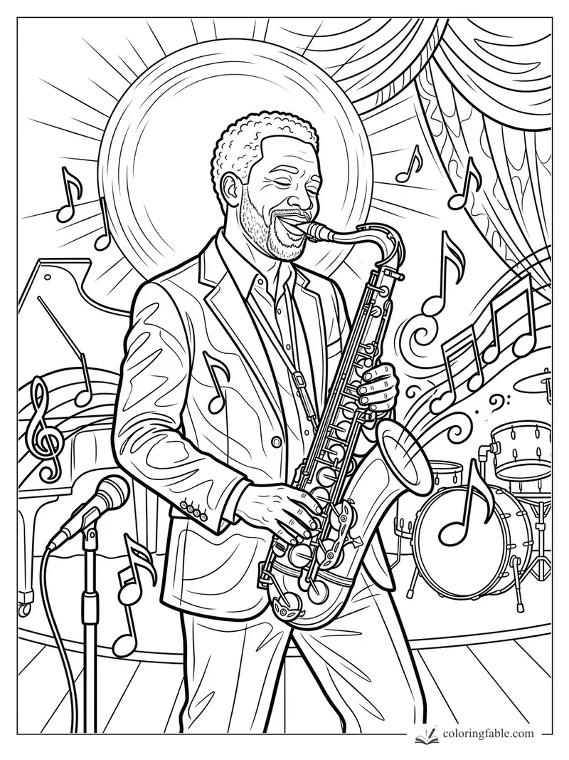 Smiling saxophonist playing on stage with piano, drums, microphone, curtains, and floating music notes