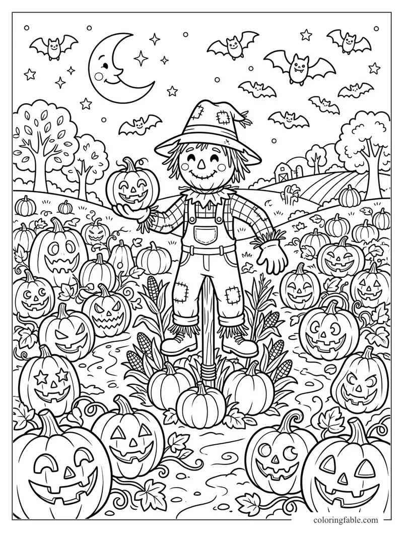 Cartoon scarecrow holding a jack-o’-lantern in a pumpkin patch with bats, moon, stars, corn, and fall trees.