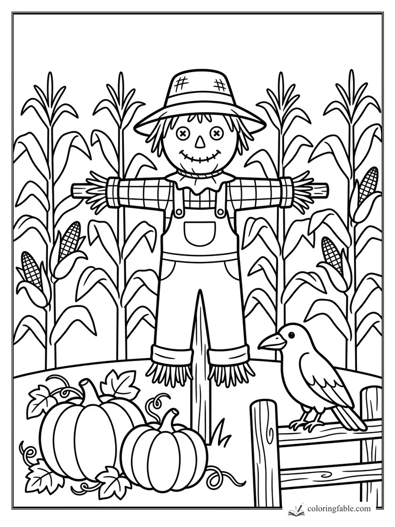 Easy farm coloring page with a smiling scarecrow, corn stalks, pumpkins, and a crow on a fence.