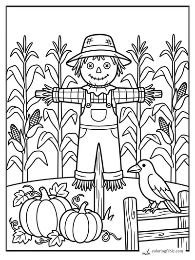 Easy farm coloring page with a smiling scarecrow, corn stalks, pumpkins, and a crow on a fence.