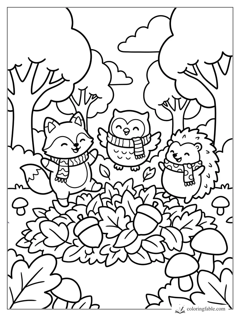 Fox, owl, and hedgehog in scarves jump around an autumn leaf pile with acorns and mushrooms.