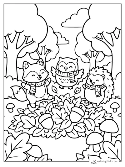 Fox, owl, and hedgehog in scarves jump around an autumn leaf pile with acorns and mushrooms.