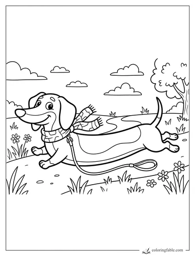 Cartoon dachshund in a scarf trots on a leash through a meadow with flowers, clouds, path, and tree.