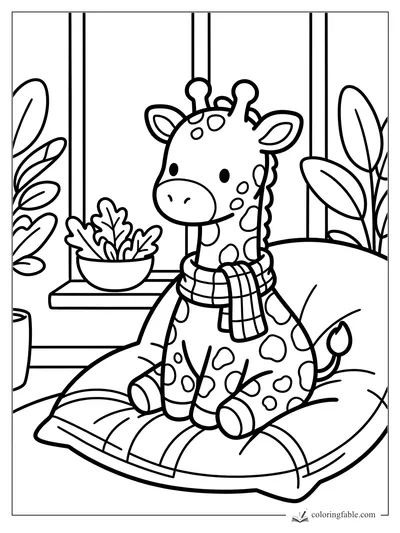 Cozy giraffe with a plaid scarf sitting on a cushion beside window plants.