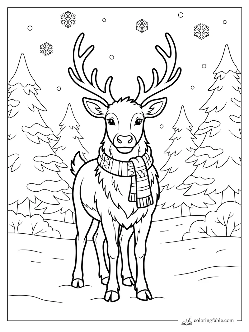 Reindeer with tall antlers and a striped scarf standing among snowy pine trees and snowflakes.
