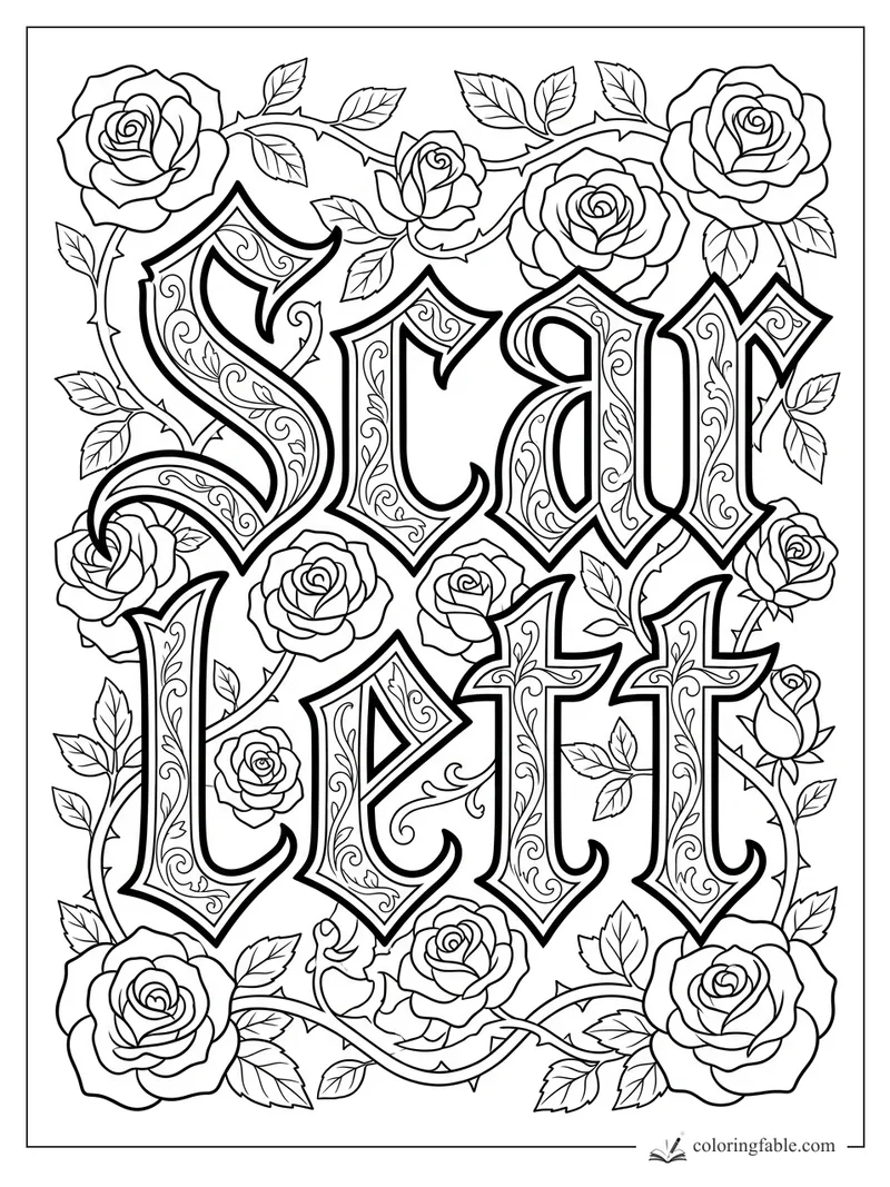 Scarlett name in ornate Gothic lettering with roses, thorny vines, leaves, and filigree details