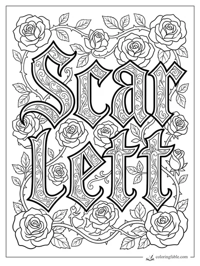 Scarlett name in ornate Gothic lettering with roses, thorny vines, leaves, and filigree details