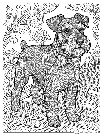 Intricate schnauzer with floral bow tie standing on a brick path amid ornate leafy scrollwork.