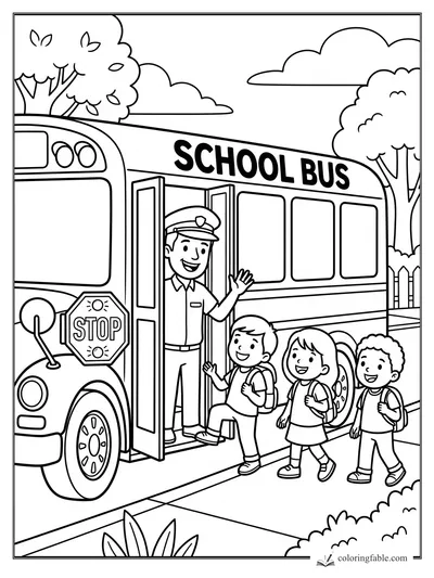 Cartoon school bus driver waving as three children board a bus with a stop sign and trees