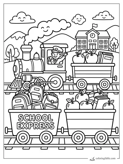 School Express steam train carrying apples, books, backpacks, and a waving conductor by a school.