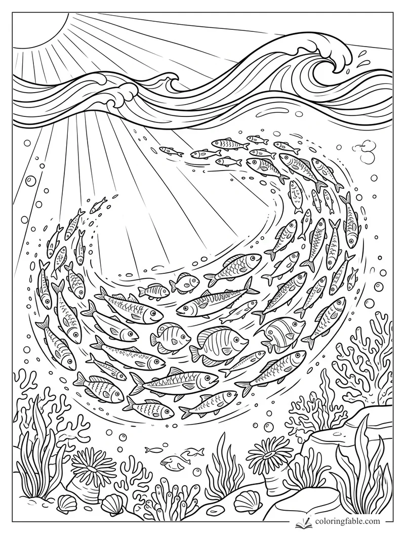 Cartoon school of fish swirling below curling waves, sunbeams, bubbles, coral, shells, and sea anemones