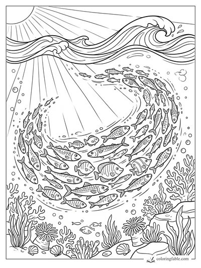 Cartoon school of fish swirling below curling waves, sunbeams, bubbles, coral, shells, and sea anemones