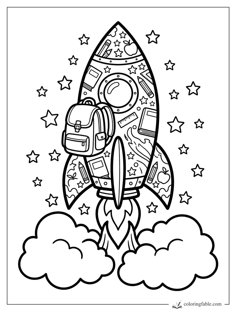 Rocket coloring page with backpack, school supplies, stars, flames, and clouds