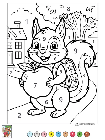 School Squirrel With a Giant Apple — color by number