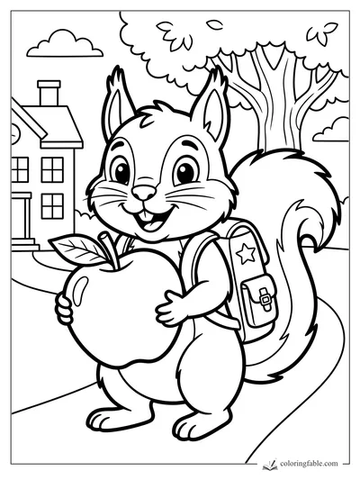 Smiling squirrel with backpack holding a giant apple on a tree-lined school sidewalk