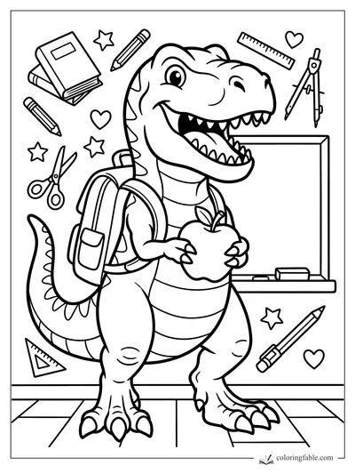 Cartoon T. rex student holding an apple beside a chalkboard with pencils, ruler, scissors, stars, and hearts.