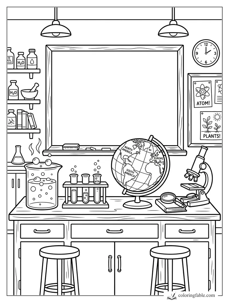 Cartoon school science lab with chalkboard, globe, microscope, beakers, shelves, posters, stools, and clock.