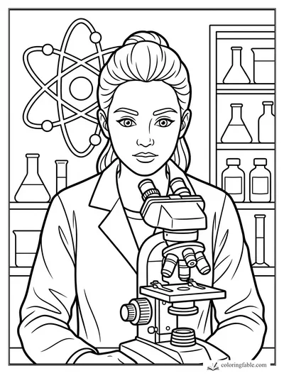 Woman scientist with microscope, atom symbol, flasks, and lab bottles on shelves coloring page