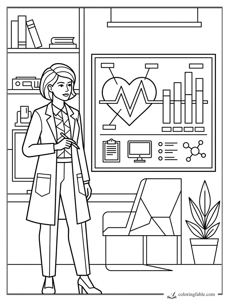 Scientist with pen beside a geometric heart chart, lab shelves, chair, and potted plant coloring page