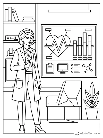 Scientist with pen beside a geometric heart chart, lab shelves, chair, and potted plant coloring page