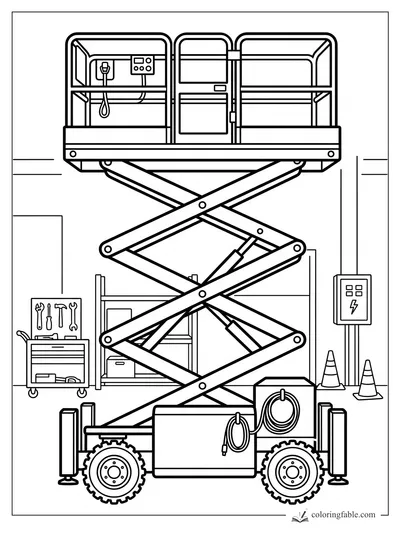 Easy scissor lift coloring page with raised platform, tool cart, shelves, cones, and wall power box.