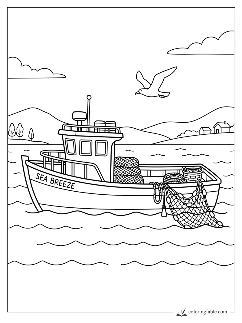 Sea Breeze fishing boat with nets, basket, gull, waves, hills, and small shore houses