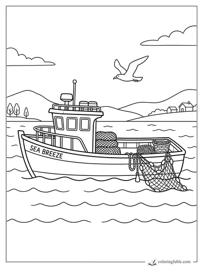 Sea Breeze fishing boat with nets, basket, gull, waves, hills, and small shore houses
