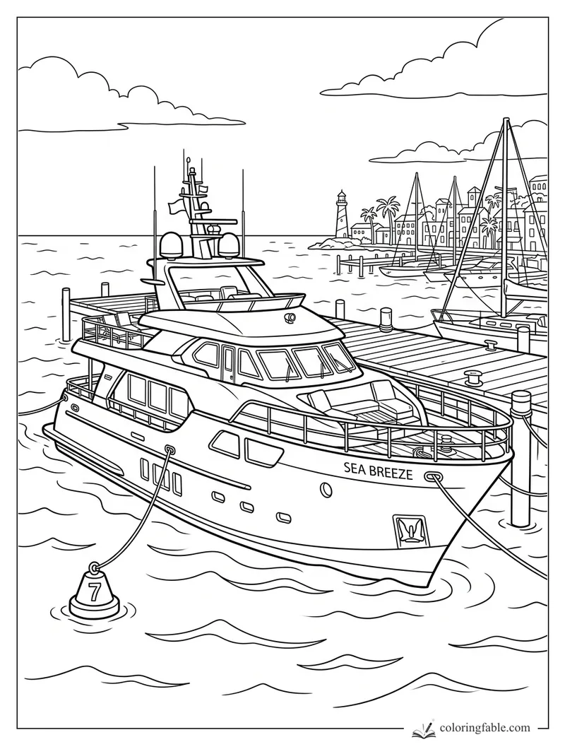 Realistic coloring page of Sea Breeze yacht tied to a marina dock with sailboats, buoy 7, lighthouse, and coastal town.