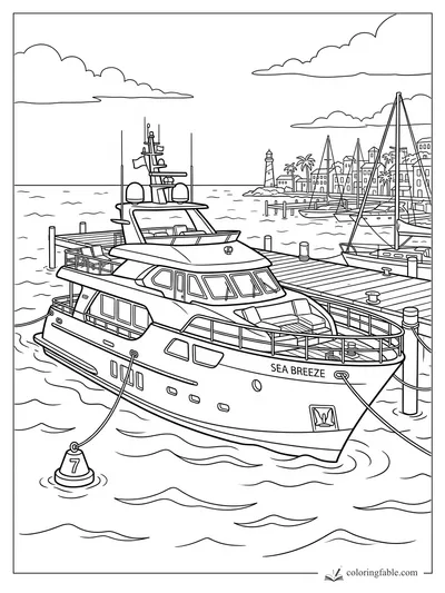 Realistic coloring page of Sea Breeze yacht tied to a marina dock with sailboats, buoy 7, lighthouse, and coastal town.