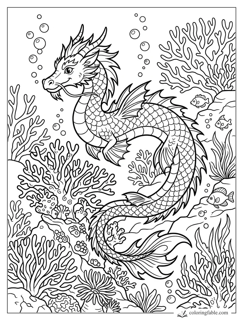 Cartoon sea dragon with fins, scales, bubbles, coral branches, rocks, and small fish underwater.