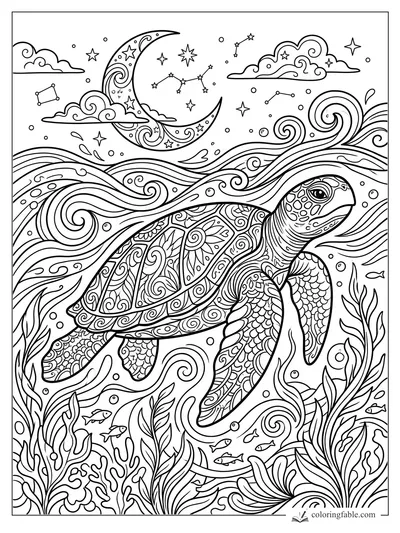 Aesthetic sea turtle swimming under a crescent moon, swirling waves, stars, fish, and sea plants.