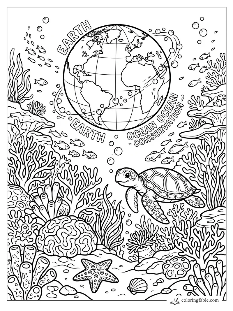 Coloring page of a sea turtle, coral reef, fish, bubbles, and an Earth globe labeled ocean conservation.